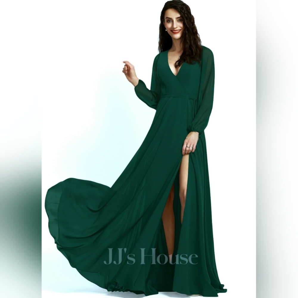 NWT JJ's House Formal Dress Womens Sz 2 Green Chiffon Maxi Built-in Bra No Beltp